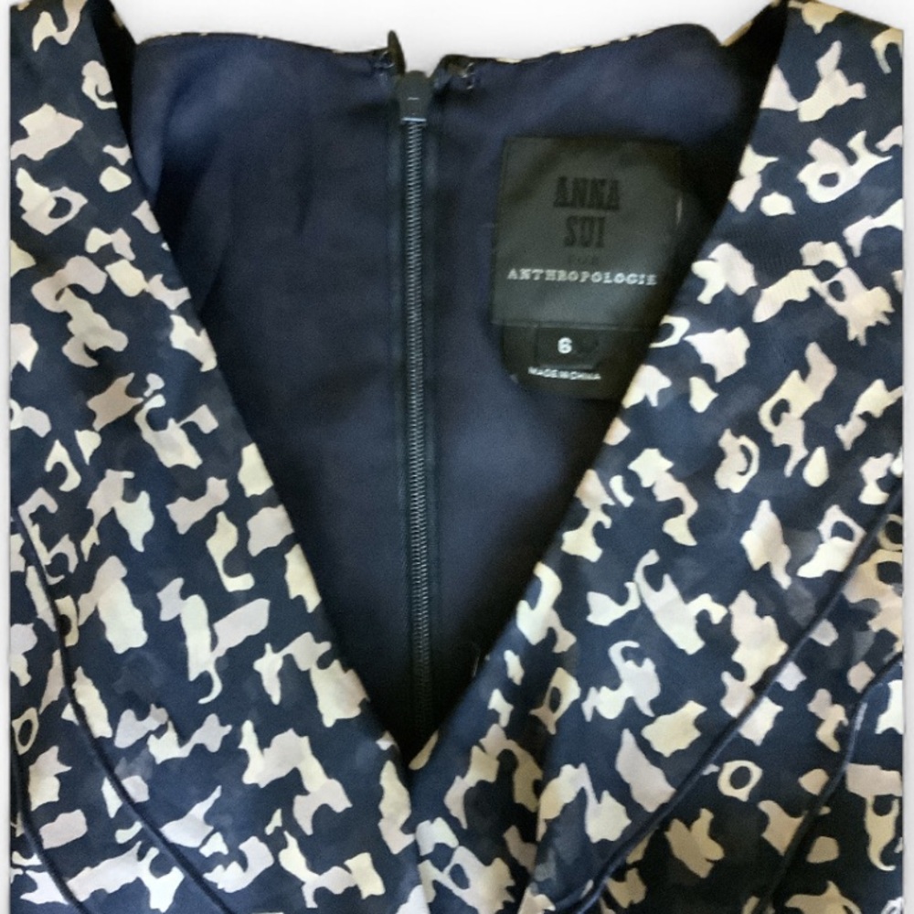 Anthropologie Anna Sui Ruffle V-Neck Silk Cocktail Dress Size 6 Navy Coquette - Picture 6 of 12